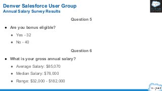 Denver Salesforce User Group
Annual Salary Survey Results
Question 5
● Are you bonus eligible?
● Yes - 32
● No - 40
Questi...