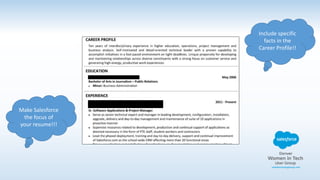 Make Salesforce
the focus of
your resume!!!
Include specific
facts in the
Career Profile!!
 