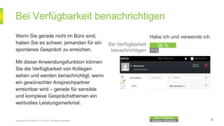 Bei Verfügbarkeit benachrichtigen
Copyright © Unify GmbH & Co. KG 2014. Alle Rechte vorbehalten. Weniger erfolgreich
Sehr erfolgreich
Bei Verfügbarkeit
benachrichtigen
Wenn Sie gerade nicht im Büro sind,
haben Sie es schwer, jemanden für ein
spontanes Gespräch zu erreichen.
Mit dieser Anwendungsfunktion können
Sie die Verfügbarkeit von Kollegen
sehen und werden benachrichtigt, wenn
ein gewünschter Ansprechpartner
erreichbar wird – gerade für sensible
und komplexe Gesprächsthemen ein
wertvolles Leistungsmerkmal.
11%
36 %
8
Habe ich und verwende ich
 