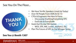 See You On The Floor...
•  We Have Terrific Speakers Lined Up Today!
•  Over 90 People From DDN At SC’13
•  CTOs & Engineers Are Here In Force
•  Discussing Anything/Everything HPC
•  ExaScale to EveryScale
•  Geek Out On Our $M Demos
•  WOS, SFA, IME, Lustre*, Analytics, Etc.
•  Plan The Future of HPC In Our Whisper Suites

See You @ Booth 1307
ddn.com

© 2013 DataDirect Networks, Inc. * Other names and brands may be claimed as the property of others.
Any statements or representations around future events are subject to change.

38

 