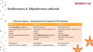 Вариант 1 Вариант 2 Вариант 3
<form onsubmit="handler()">
<input type="submit" value="Go" />
</form>
<script>
function handler(){ return false; }
</script>
<form id="form1">
<input type="submit" value="Go" />
</form>
<script>
form1.addEventListener("submit",
function() { return false; } )
</script>
<form id="form1">
<input type="submit" value="Go" />
</form>
<script>
form1.onsubmit =
function() { return false; }
</script>
Необходимо
onsubmit="return handler()"
Необходимо
function(e){ e.preventDefault(); …
Без дополнений,
все работает
Простая задача - предотвратить отправку HTML-формы
Особенность 6. Обработчики событий
 