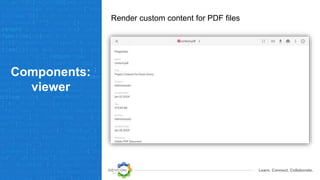 Learn. Connect. Collaborate.
Components:
viewer
Render custom content for PDF files
 