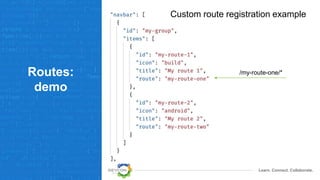 Learn. Connect. Collaborate.
Routes:
demo
Custom route registration example
/my-route-one/*
 