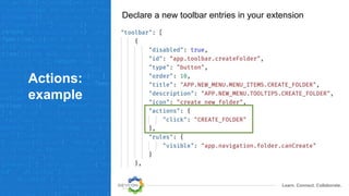 Learn. Connect. Collaborate.
Actions:
example
Declare a new toolbar entries in your extension
 