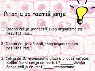 Pitanja za razmišljanje
1. Deoba ćelije jednoćelijskog organizma za
rezultat ima...
2. Deoba ćelije višećelijskog organizma za
rezultat ima...
3. Ćelija sa 10 hromozoma ulazi u proces mitoze.
Koliko ćerki ćelija će nastati?_____ Svaka
ćerka ćelija će imati____hromozoma.
 