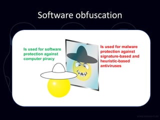 Software obfuscation
Is used for software
protection against
computer piracy
Is used for malware
protection against
signat...