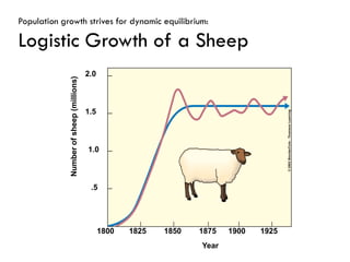 2.0
1.5
1.0
.5
Numberofsheep(millions)
1800 1825 1850 1875 1900 1925
Year
Population growth strives for dynamic equilibrium:
Logistic Growth of a Sheep
 