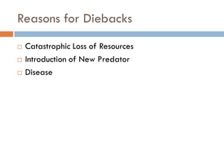 Reasons for Diebacks
 Catastrophic Loss of Resources
 Introduction of New Predator
 Disease
 