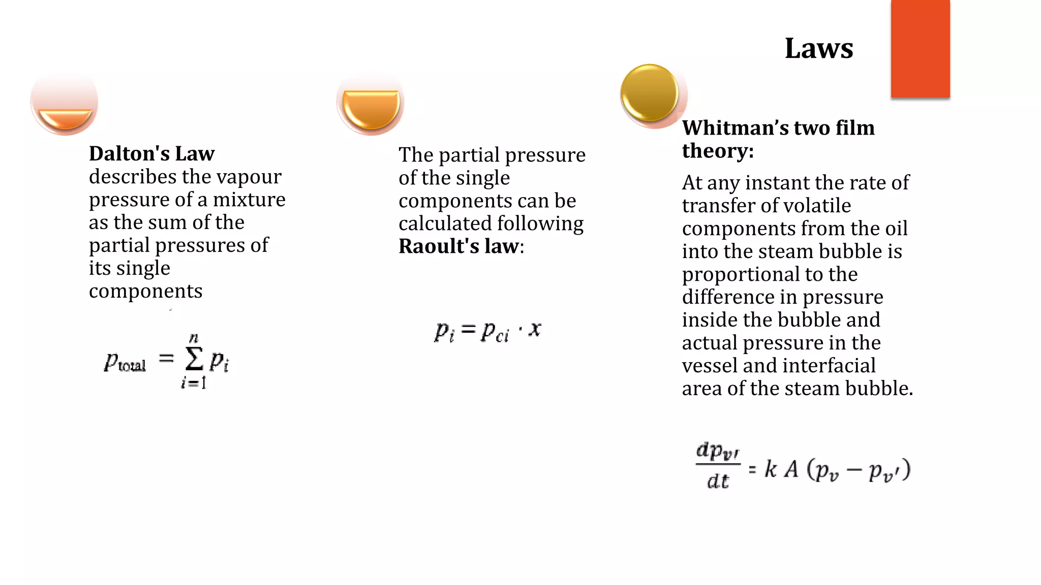 Dalton's Law
describes the vapour
pressure of a mixture
as the sum of the
partial pressures of
its single
components
The partial pressure
of the single
components can be
calculated following
Raoult's law:
Whitman’s two film
theory:
At any instant the rate of
transfer of volatile
components from the oil
into the steam bubble is
proportional to the
difference in pressure
inside the bubble and
actual pressure in the
vessel and interfacial
area of the steam bubble.
Laws
 