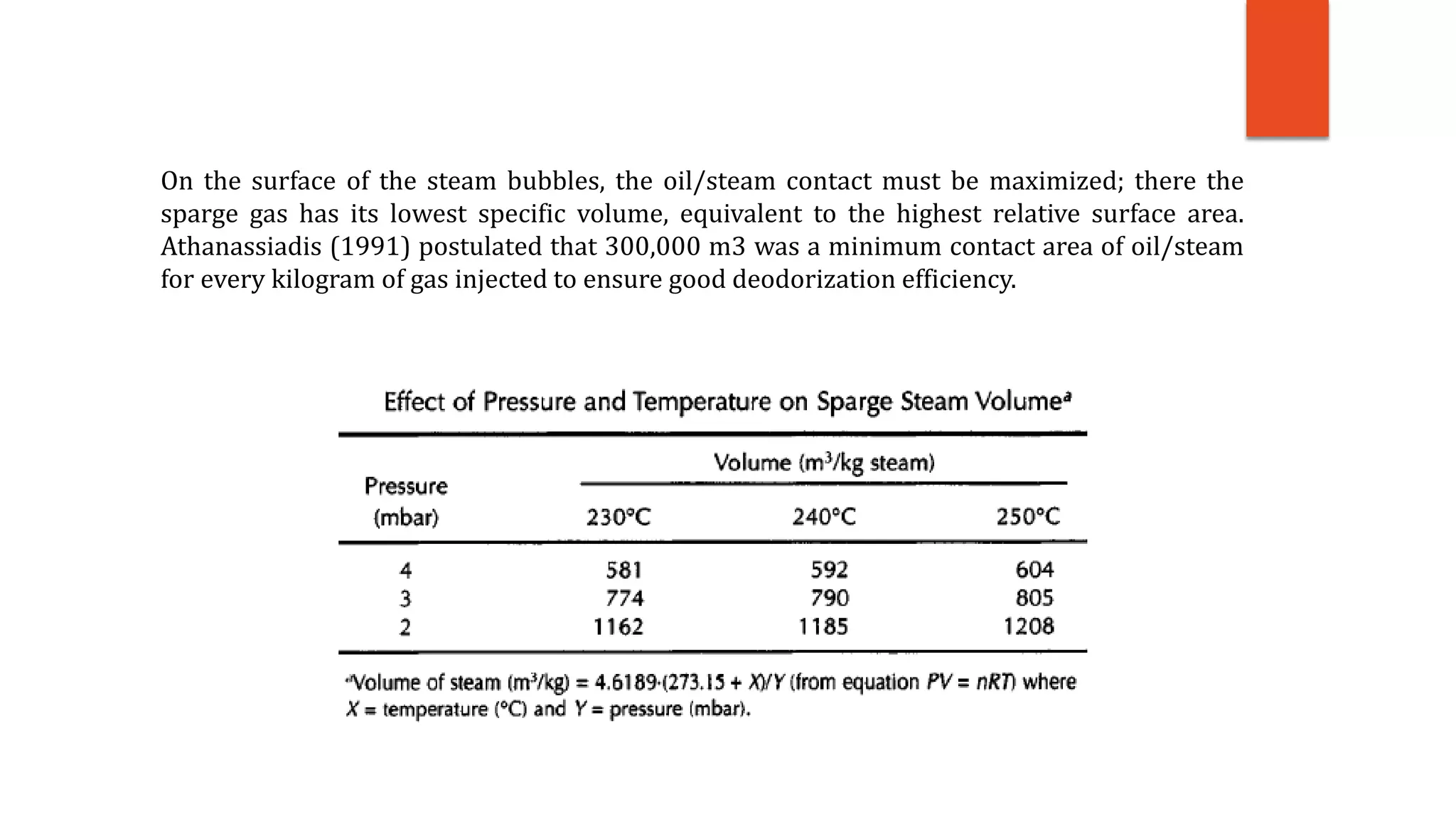 On the surface of the steam bubbles, the oil/steam contact must be maximized; there the
sparge gas has its lowest specific volume, equivalent to the highest relative surface area.
Athanassiadis (1991) postulated that 300,000 m3 was a minimum contact area of oil/steam
for every kilogram of gas injected to ensure good deodorization efficiency.
 