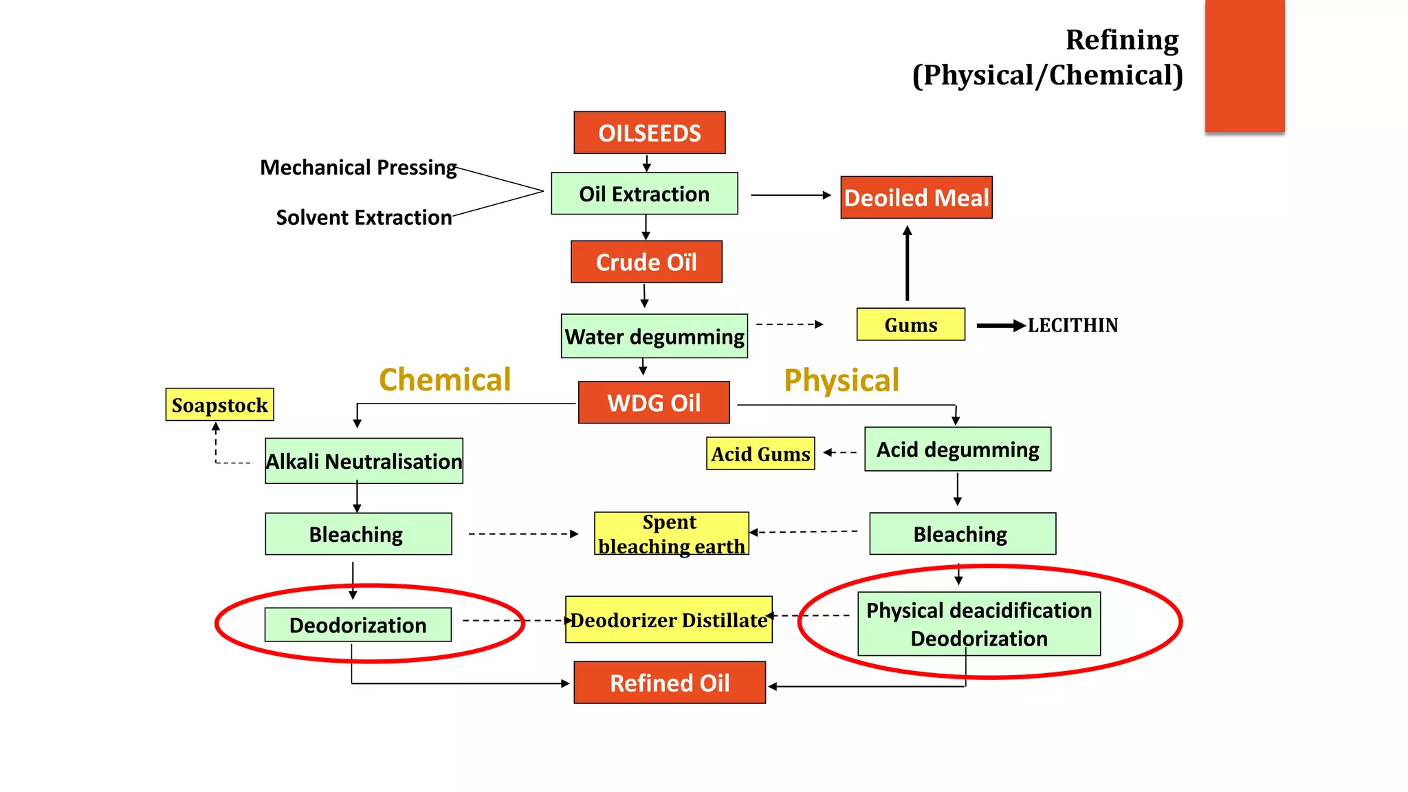 Crude Oïl
Water degumming
Alkali Neutralisation
Deodorization
Refined Oil
Soapstock
Spent
bleaching earth
Deodorizer Distillate
Mechanical Pressing
OILSEEDS
Oil Extraction
Solvent Extraction
WDG Oil
Acid degumming
Bleaching
Physical deacidification
Deodorization
Acid Gums
Deoiled Meal
Gums LECITHIN
Chemical Physical
Refining
(Physical/Chemical)
Bleaching
 