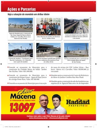 Ações e Parcerias
      Veja a atuação do mandato em Arthur Alvim




                                                                                                                                               CNPJ do contratante: 16.262.835/0001-50 - CNPJ do contratado: XXXXXXXX/XXXX-XX - Tiragem: XXXXXX - Coligação para Renovar São Paulo - PT - PSB - PP
          Apoio do Mandato para a construção do
            Pq. Linear Águia de Haia no Bairro                                                   Ciclovia da Radial Leste tem o apoio do
            Cidade A.E. Carvalho, divisa com o         Chico Macena em reunião com diretores     mandato na melhoria do meio ambiente
                  Bairro Jd. São Nicolau                       da A.A. Arthur Alvim                           e do trânsito




         Ciclovia Jd. Nordeste - Cruzamento com a     Luta dos moradores apoiada pelo mandato   Terreno reivindicado para a construção da
           Rua dos Continentes e Av. Calim Eid -        para a reabertura da estação de Trem         UBS (Unidade Básica de Saúde)
                  tem o apoio do mandato                          de Arthur Alvim                            Jd. São Nicolau



          Emenda ao orçamento do Município para à                            do muro de arrimo do CDC Arthur Alvim – Rua
          construção da Unidade Básica de Saúde –Jardim                      Jucirí –Bairro A.E. Carvalho. Valor: R$200.000, já
          São Nicolau. Valor: R$1.000.000                                    executado

          Emenda ao orçamento do Município para à                            Mandato apoia a construção do Centro de Referência
          construção do Parque Linear - Águia de Haia (Início                do Idoso no Jardim Coimbra Rua Max Plank
          do córrego Ponte Raza. Valor: R$ 500.000
                                                                             Mandato apoia a construção da sede dos bombeiros nas
          Emenda ao orçamento do Município para à execução                   esquinas da Av. Águia de Haia com a Av. do Imperador




                                          Conheça mais sobre o que Chico Macena já fez pela cidade!
                                             www.chicomacena.net.br / chicomacena@gmail.com



De Olho - Arthur Alvin_com placa.indd 2                                                                                          25/08/2012 11:10:15
 