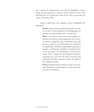 124 De olho na Cultura
dos e formas de expressarmos, por meio da linguagem, nossas
idéias, poesias, protestos e canções. Vamos observar como uma
história pode ser contada por meio de um mito, uma lenda, um
conto ou um provérbio.
Quais as diferenças entre algumas dessas modalidades de
linguagem?
Lenda é uma narração popular, que pode ser escri-
ta ou oral. Os fatos históricos são desfigurados ou
perdem sua aproximação com o mundo real.
Mito é uma narrativa que remonta aos tempos fa-
bulosos ou heróicos, em que aparecem seres e acon-
tecimentos imaginários, que simbolizam forças da
natureza, aspectos da vida humana, etc. Narrativa
de significação simbólica, transmitida de geração a
geração e considerada verdadeira ou autêntica den-
tro de um grupo. Tem geralmente a forma de um
relato sobre a origem de determinado fenômeno,
instituição, etc., por meio do qual se formula uma
explicação da ordem natural e social e de aspectos
da condição humana.
Conto. Narrativa pouco extensa, concisa e com uni-
dade dramática, concentrando-se a ação num úni-
co ponto de interesse.
cultura 23 maio 06.pmd 23/5/2006, 18:18124
 