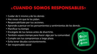 ¿CUANDO SOMOS RESPONSABLES?
• Cuidar de ti mismo y de los demás
• Haz cosas sin que te las pidan.
• Responsabilízate por tus acciones.
• Aprende a pensar en los pensamientos y sentimientos de los demás.
• Planificar tu tiempo
• Encárgate de tus tareas antes de divertirte.
• También separa tiempo para hacer algo por tu comunidad.
• Cumple con tus compromisos a largo plazo.
• Evita tener deudas constantemente.
• Ser responsable social
 