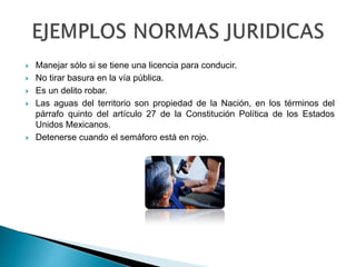  Manejar sólo si se tiene una licencia para conducir.
 No tirar basura en la vía pública.
 Es un delito robar.
 Las aguas del territorio son propiedad de la Nación, en los términos del
párrafo quinto del artículo 27 de la Constitución Política de los Estados
Unidos Mexicanos.
 Detenerse cuando el semáforo está en rojo.
 