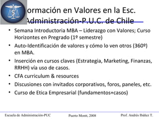 Prof. Andrés Ibáñez T.Escuela de Administración-PUC Puerto Montt, 2008
Formación en Valores en la Esc.
Administración-P.U.C. de Chile
• Semana Introductoria MBA – Liderazgo con Valores; Curso
Horizontes en Pregrado (1º semestre)
• Auto-Identificación de valores y cómo lo ven otros (360º)
en MBA.
• Inserción en cursos claves (Estrategia, Marketing, Finanzas,
RRHH) vía uso de casos.
• CFA curriculum & resources
• Discusiones con invitados corporativos, foros, paneles, etc.
• Curso de Etica Empresarial (fundamentos+casos)
 