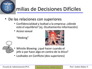 Prof. Andrés Ibáñez T.Escuela de Administración-PUC Puerto Montt, 2008
Familias de Decisiones Difíciles
• De las relaciones con superiores
• Confidencialidad y lealtad a la empresa: ¿dónde
está el equilibrio? (ej. Ocultamiento información)
• Acoso sexual
“Mobing”
• Whistle Blowing: ¿qué hacer cuando el
jefe o par hace algo en contra de la ética?
• Lealtades en Conflicto (dos superiores)
Coyhaique, 2009Buenos Aires, PRME 2011
 
