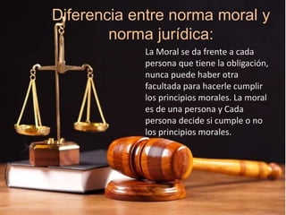 Diferencia entre norma moral y
norma jurídica:
La Moral se da frente a cada
persona que tiene la obligación,
nunca puede haber otra
facultada para hacerle cumplir
los principios morales. La moral
es de una persona y Cada
persona decide si cumple o no
los principios morales.
 