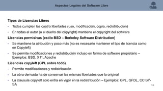 Tipos de Licencias Libres
• Todas cumplen las cuatro libertades (uso, modificación, copia, redistribución)
• En todas el autor (o el dueño del copyright) mantiene el copyright del software
Licencias permisivas (estilo BSD – Berkeley Software Distribution)
• Se mantiene la atribución y poco más (no es necesario mantener el tipo de licencia como
en Copyleft)
• Se permite modificaciones y redistribución incluso en forma de software propietario –
Ejemplos: BSD, X11, Apache
Licencias copyleft (GPL sobre todo)
• Permite modificaciones y redistribución
• La obra derivada ha de conservar las mismas libertades que la original
• La clausula copyleft solo entra en vigor en la redistribución – Ejemplos: GPL, GFDL, CC BY-
SA
Aspectos Legales del Software Libre
13
 