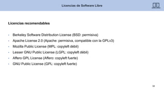 Licencias recomendables
• Berkeley Software Distribution License (BSD: permisiva)
• Apache License 2.0 (Apache: permisiva, compatible con la GPLv3)
• Mozilla Public License (MPL: copyleft débil)
• Lesser GNU Public License (LGPL: copyleft débil)
• Affero GPL License (Affero: copyleft fuerte)
• GNU Public License (GPL: copyleft fuerte)
Licencias de Software Libre
18
 