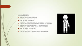 MODALIDADES:
 SECRETO COMPARTIDO
 SECRETO DERIVADO
 SECRETO DE LOS ESTUDIANTES DE MEDICINA
 SECRETO DE LAS ESPOSAS DE MEDICOS
 SECRETO POSMORTEM
 SECRETO PROFESIONAL EN PSIQUIATRIA
 