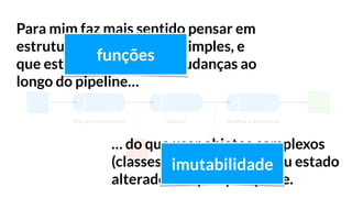 Pré-processamento Calcula Notiﬁca e Armazena
Input Output
State A State B
Para mim faz mais sentido pensar em
estruturas de dados mais simples, e
que estes dados sofrem mudanças ao
longo do pipeline…
… do que usar objetos complexos
(classes), que podem ter seu estado
alterado em qualquer parte.
funções
imutabilidade
 