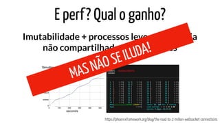 Imutabilidade + processos leves + memória
não compartilhada + otimizações
=
E perf? Qual o ganho?
https://phoenixframework.org/blog/the-road-to-2-million-websocket-connections
MASNÃOSEILUDA!
 