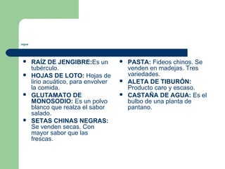 sigue 
 RAÍZ DE JENGIBRE:Es un 
tubérculo. 
 HOJAS DE LOTO: Hojas de 
lirio acuático, para envolver 
la comida. 
 GLUTAMATO DE 
MONOSODIO: Es un polvo 
blanco que realza el sabor 
salado. 
 SETAS CHINAS NEGRAS: 
Se venden secas. Con 
mayor sabor que las 
frescas. 
 PASTA: Fideos chinos. Se 
venden en madejas. Tres 
variedades. 
 ALETA DE TIBURÓN: 
Producto caro y escaso. 
 CASTAÑA DE AGUA: Es el 
bulbo de una planta de 
pantano. 
 