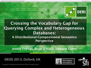 © Copyright 2009 Digital Enterprise Research Institute. All rights reserved.
Digital Enterprise Research Institute www.deri.ie
Crossing the Vocabulary Gap for
Querying Complex and Heterogeneous
Databases:
A Distributional-Compositional Semantics
Perspective
André Freitas, Sean O’Riain, Edward Curry
DEOS 2013, Oxford, UK
 