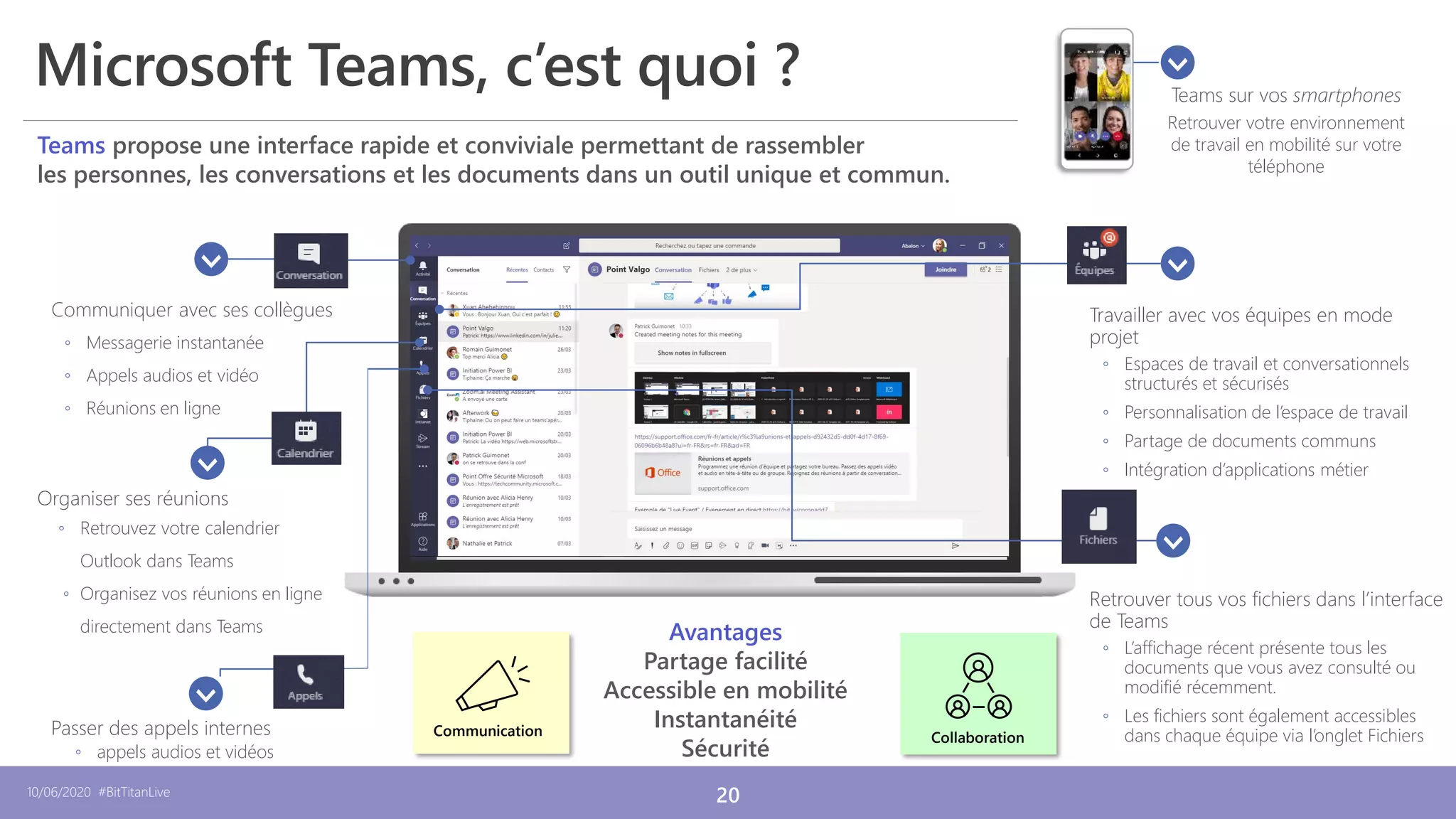 10/06/2020 #BitTitanLive 20
12/12/2019
Teams propose une interface rapide et conviviale permettant de rassembler
les personnes, les conversations et les documents dans un outil unique et commun.
Communiquer avec ses collègues
◦ Messagerie instantanée
◦ Appels audios et vidéo
◦ Réunions en ligne
Travailler avec vos équipes en mode
projet
◦ Espaces de travail et conversationnels
structurés et sécurisés
◦ Personnalisation de l’espace de travail
◦ Partage de documents communs
◦ Intégration d’applications métier
Teams sur vos smartphones
Retrouver votre environnement
de travail en mobilité sur votre
téléphone
Organiser ses réunions
◦ Retrouvez votre calendrier
Outlook dans Teams
◦ Organisez vos réunions en ligne
directement dans Teams
Passer des appels internes
◦ appels audios et vidéos
Retrouver tous vos fichiers dans l’interface
de Teams
◦ L’affichage récent présente tous les
documents que vous avez consulté ou
modifié récemment.
◦ Les fichiers sont également accessibles
dans chaque équipe via l’onglet Fichiers
Avantages
Partage facilité
Accessible en mobilité
Instantanéité
Sécurité
Microsoft Teams, c’est quoi ?
Communication Collaboration
 
