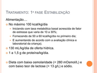 TRATAMENTO: 1ª FASE ESTABILIZAÇÃO
Alimentação....
 No máximo 100 kcal/kg/dia
 Iniciando com taxa metabólica basal acrescida de fator
de estresse que varia de 10 a 30%;
 Fornecendo de 50 a 60 kcal/kg/dia no primeiro dia;
 E aumentando de acordo com a avaliação clínica e
laboratorial da criança).
 130 mL/kg/dia de oferta hídrica.
 1 a 1,5 g de proteína/kg/dia.
 Dieta com baixa osmolaridade (< 280 mOsmol/L) e
com baixo teor de lactose (< 13 g/L) e sódio.
 