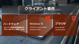 クライアント要件
ハードウェア Windows 10 ブラウザ
64bit CPU (仮想化拡張機能付き)
メモリ 8GB 以上 (推奨 16GB)
1709 (Fall Creators Update)
Enterprise Edition
Microsoft Edge
Internet Explorer
 