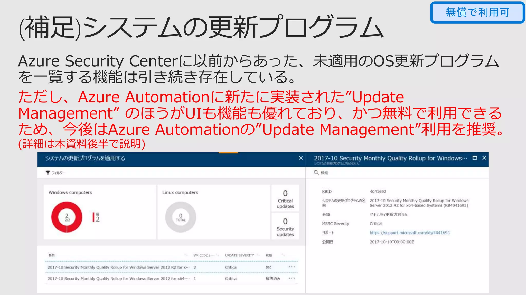 ただし、Azure Automationに新たに実装された”Update
Management” のほうがUIも機能も優れており、かつ無料で利用できる
ため、今後はAzure Automationの”Update Management”利用を推奨。
(詳細は本資料後半で説明)
無償で利用可
 