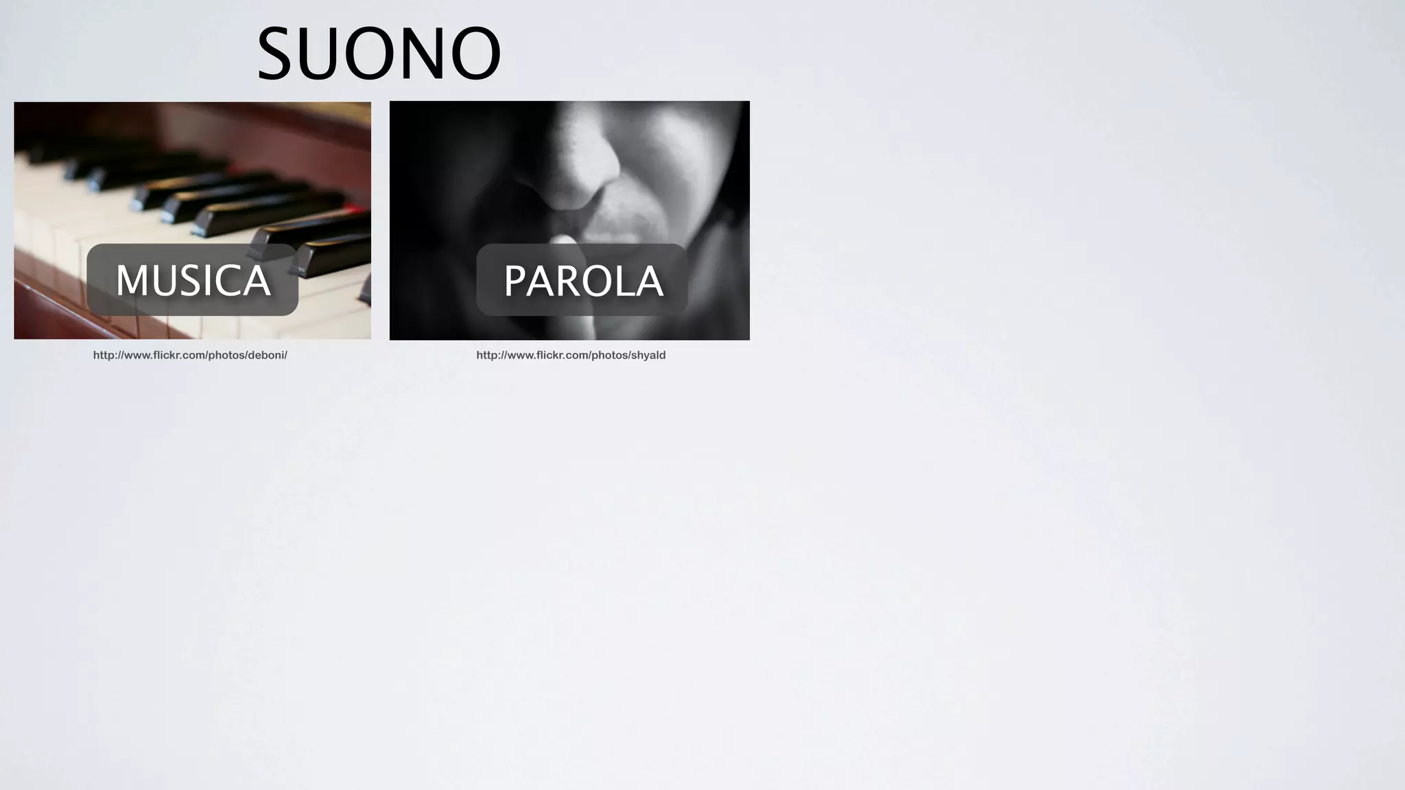 SUONO


   MUSICA                                  PAROLA
http://www.flickr.com/photos/deboni/   http://www.flickr.com/photos/shyald
 