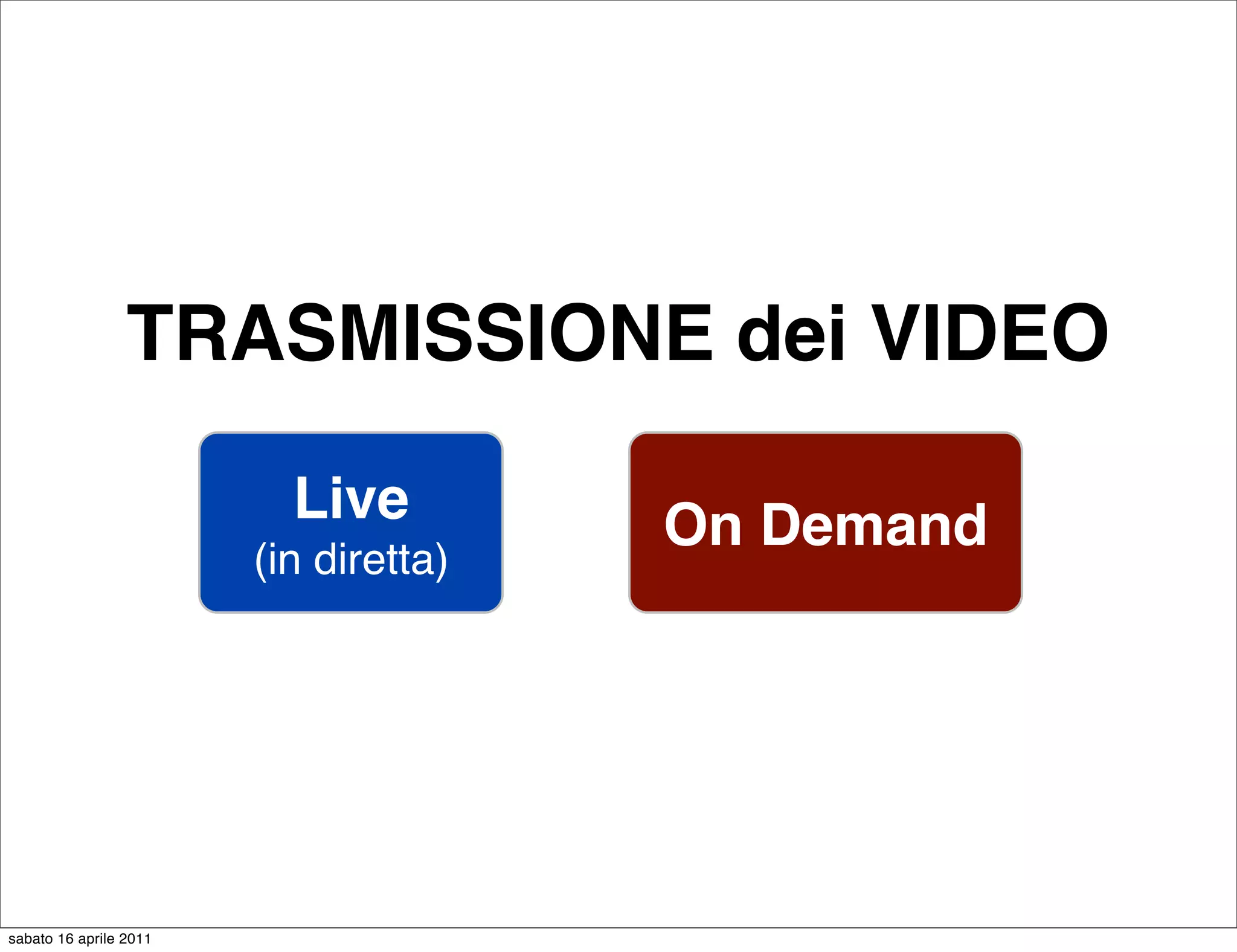 TRASMISSIONE dei VIDEO

                          Live         On Demand
                        (in diretta)




sabato 16 aprile 2011
 