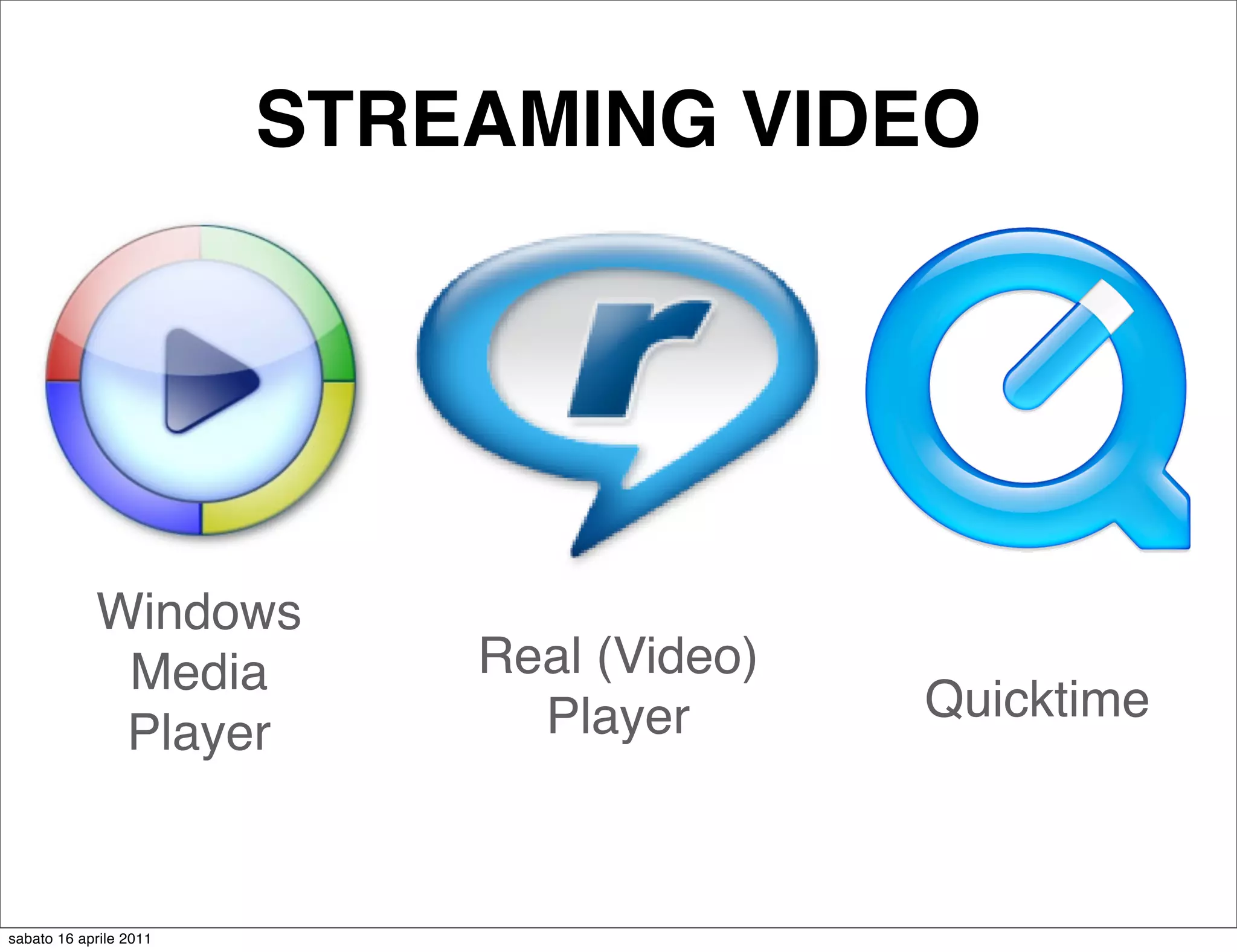 STREAMING VIDEO




            Windows
             Media          Real (Video)
                              Player       Quicktime
             Player


sabato 16 aprile 2011
 