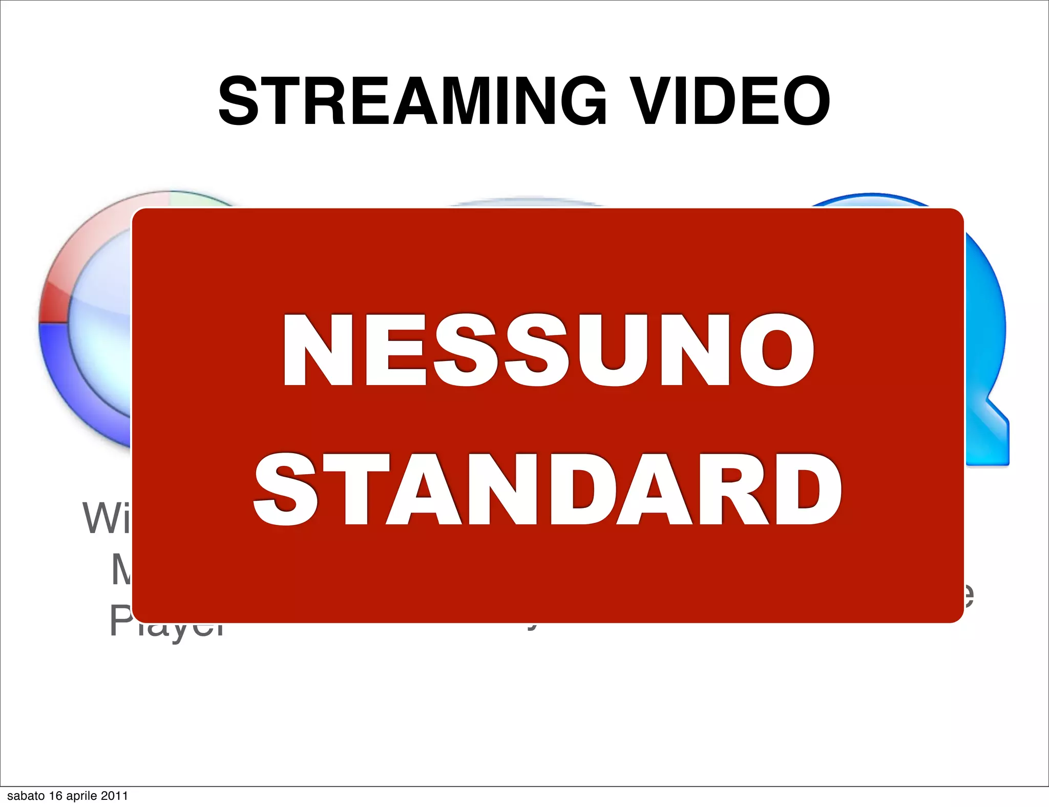 STREAMING VIDEO


                   NESSUNO
            WindowsSTANDARD
                     Real (Video)
                 Media
                              Player   Quicktime
                 Player


sabato 16 aprile 2011
 
