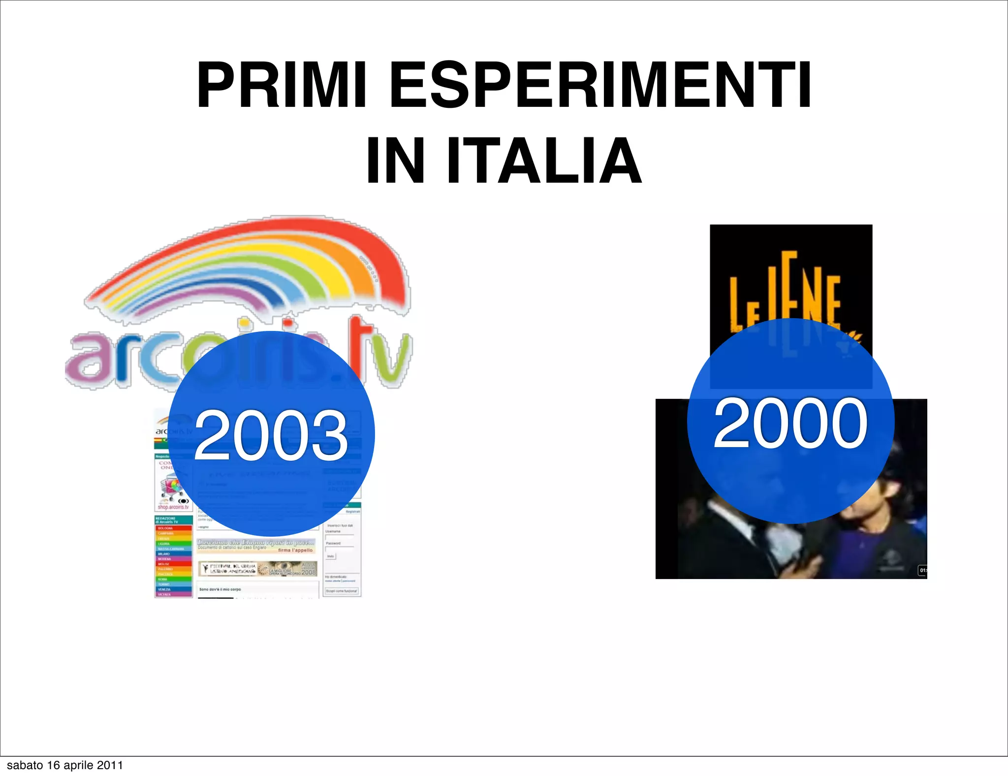 PRIMI ESPERIMENTI
                             IN ITALIA



                        2003          2000



sabato 16 aprile 2011
 