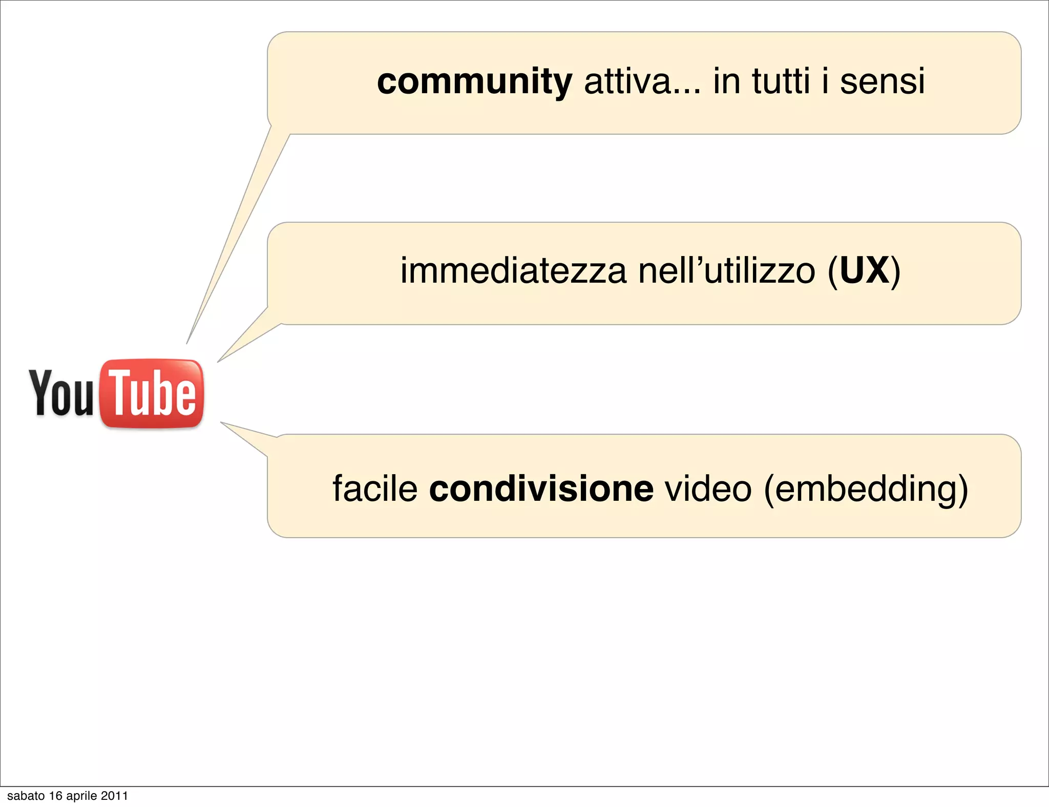 community attiva... in tutti i sensi




                           immediatezza nellʼutilizzo (UX)




                        facile condivisione video (embedding)




sabato 16 aprile 2011
 