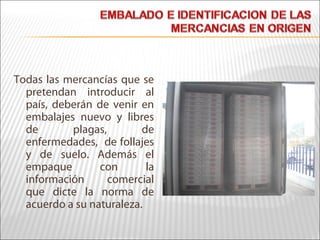 Todas las mercancías que se
pretendan introducir al
país, deberán de venir en
embalajes nuevo y libres
de plagas, de
enfermedades, de follajes
y de suelo. Además el
empaque con la
información comercial
que dicte la norma de
acuerdo a su naturaleza.
 