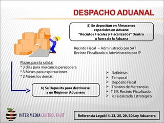 Recinto Fiscal = Administrado por SAT
Recinto Fiscalizado = Administrado por IP
5) Se depositan en Almacenes
especiales en Aduana
“Recintos Fiscales y Fiscalizados” Dentro
o fuera de la Aduana
Plazos para la salida:
* 3 días para mercancía perecedera
* 3 Meses para exportaciones
* 2 Meses los demás
 Definitivo
 Temporal
 Depósito Fiscal
 Tránsito de Mercancías
 T E R, Recinto Fiscalizado
 R. Fiscalizado Estratégico
6) Se Deposita para destinarse
a un Régimen Aduanero
Referencia Legal:14, 23, 25, 29, 30 Ley Aduanera
 