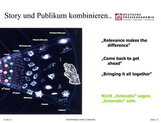14.06.11 Seite  Story und Publikum kombinieren..  „ Relevance makes the difference“ „ Come back to get ahead“ „ Bringing it all together“ Nicht „innovativ“ sagen. „ Innovativ“ sein. 