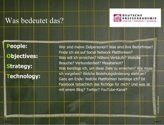 Was bedeutet das? P eople: O bjectives: S trategy: T echnology: 14.06.11 Wer sind meine Zielpersonen? Was sind ihre Bedürfnisse? Finde ich sie auf Social Network Plattformen?  Was will ich erreichen? Höhere Verkäufe? Website Besuche? Verbundenheit? Messbarkeit? Was benötige ich, um diese Ziele zu erreichen? Wie muss ich vorgehen? Welche Beziehungsänderung steht an?  Ganz am Ende: Welche Plattformen benötige ich? Ist Facebook tatsächlich das Richtige für mich? Und was ist mit einem Blog? Twitter? YouTube-Kanal?  Seite  Aremac photocase 