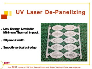 UV Laser De-Panelizing
•
•
•
Low Energy Levelsfor
MinimumThermal Impact.
30μmcutwidth
Smoothverticalcutedge
Your BEST choice in PCB Test/ Rework/Repair and Solder Training & Tools www.solder.net
 