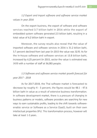 13ข้อมูลอุตสาหกรรมซอฟต์แวร์และบริการซอฟต์แวร์ ประจาปี 2559
1.2 Export and import software and software service market
values in year 2016
On the export business, the export of software and software
services reached 3.7 billion baht in 2016 while the export of
embedded system software generated 2.5 billion baht, resulting in a
total value of 6.2 billion baht in export.
Moreover, the survey results also reveal that the value of
imported software and software services in 2016 is 31.2 billion baht,
5.7 percent declined from last year (in 2015 the value was 32.9). As for
the In-house software and software services at 15.8 billion baht,
increased by 6.25 percent (in 2015, sector the value is estimated was
14.9) with a number of staff at 56,083 people.
1.3 Software and software service market growth forecast for
year 2017 - 2018
As for 2017-2018, the Thai software market is forecasted to
decrease by roughly 4 - 5 percent, the figures would be 48.1 - 47.6
billion baht in value as a result of extensive business transformation.
In software development market, there is a pressure of changing in
business patterns or models, software providers are searching for new
ways to earn sustainable profits, leading to the shift towards software-
enable service or Software as a Service (SaaS), built on their own
intellectual properties (IPs). This transformation process, however will
take at least 1-3 years.
 