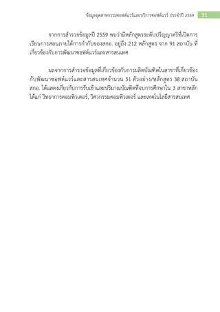 31ข้อมูลอุตสาหกรรมซอฟต์แวร์และบริการซอฟต์แวร์ ประจาปี 2559
จากการสารวจข้อมูลปี 2559 พบว่ามีหลักสูตรระดับปริญญาตรีที่เปิดการ
เรียนการสอนภายใต้การกากับของสกอ. อยู่ถึง 212 หลักสูตร จาก 91 สถาบัน ที่
เกี่ยวข้องกับการพัฒนาซอฟต์แวร์และสารสนเทศ
ผลจากการสารวจข้อมูลที่เกี่ยวข้องกับการผลิตบัณฑิตในสาขาที่เกี่ยวข้อง
กับพัฒนาซอฟต์แวร์และสารสนเทศจานวน 51 ตัวอย่าง/หลักสูตร 38 สถาบัน
สกอ. ได้แสดงเกี่ยวกับการรับเข้าและปริมาณบัณฑิตที่จบการศึกษาใน 3 สาขาหลัก
ได้แก่ วิทยาการคอมพิวเตอร์, วิศวกรรมคอมพิวเตอร์ และเทคโนโลยีสารสนเทศ
 