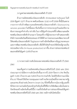 ข้อมูลอุตสาหกรรมซอฟต์แวร์และบริการซอฟต์แวร์ ประจาปี 25596
1.4 มูลค่าตลาดซอฟต์แวร์สมองกลฝังตัว ปี 2559
ด้านการผลิตซอฟต์แวร์สมองกลฝังตัว (Embedded Software) ในปี
2559 มีมูลค่า 5,277 ล้านบาท หดตัวลงร้อยละ 12.62 จากปี 2558 ทั้งนี้เป็นเพราะ
งานจากการรับจ้างพัฒนาและผลิตซอฟต์แวร์สมองกลฝังตัว (Outsourcing
services provider) ในปีนี้ลดลง ซึ่งเกิดขึ้นจากการประกอบธุรกิจแต่ละปีความ
ต้องการของลูกค้าต่างกัน กล่าวคือ ในบางปีมีลูกค้าประเภทที่จ้างพัฒนาและผลิต
ซอฟต์แวร์สมองกลฝังตัวจานวนมาก ในขณะที่บางปีผู้ประกอบการด้านสมองกลฝัง
ตัวมีการออกผลิตภัณฑ์ใหม่ของตนเอง ทาให้มีด้านการออกแบบและพัฒนาระบบที่
ใช้ซอฟต์แวร์สมองกลฝังตัว ในรูปแบบการสร้างมีทรัพย์สินทางปัญญาของตนเอง
และการพัฒนาซอฟต์แวร์สมองกลฝังตัว เพื่อใช้กับสินค้าของบริษัทโดยมีฐานะเป็น
หน่วยผลิตภายใน (In-house production) มากขึ้น ส่วนการส่งออกซอฟต์แวร์
สมองกลฝังตัวมีมูลค่า 2,478 ล้านบาท
1.5 คาดการณ์การเติบโตของตลาดซอฟต์แวร์สมองกลฝังตัว ปี 2560-
2561
ขณะที่มูลค่าการผลิตซอฟต์แวร์สมองกลฝังตัวในปี 2560 และ 2561
ประมาณการว่ามีอัตราการเติบโตกลับขึ้นมาจากปี 2559 ปีละราว 5% คิดเป็น
มูลค่า 5,541 ล้านบาท และ 5,818 ล้านบาท ตามลาดับ โดยมีปัจจัยจากแนวโน้ม
ด้าน IoT ซึ่งจะทาให้เกิดการลงทุนและการสร้างนวัตกรรมใหม่ทั้งจากตลาดภาครัฐ
และเอกชน ตัวอย่างเช่น โครงการ Smart City ที่เกิดขึ้นทั้งจากนโยบายรัฐ และทั้ง
ที่เกิดจากความร่วมมือกันของนักธุรกิจท้องถิ่นที่ใช้ชื่อว่าบริษัทพัฒนาเมืองในหลาย
จังหวัดจะสร้างเม็ดเงินตั้งแต่ปีนี้ไป รวมทั้งปัจจัยด้านการส่งออกที่ส่งผลให้มูลค่า
ซอฟต์แวร์สมองกลฝังตัวในปี 2560 และ 2561 จะมีการเติบโตต่อเนื่อง
 