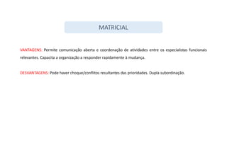 MATRICIAL
VANTAGENS: Permite comunicação aberta e coordenação de atividades entre os especialistas funcionais
relevantes. Capacita a organização a responder rapidamente à mudança.
DESVANTAGENS: Pode haver choque/conflitos resultantes das prioridades. Dupla subordinação.
 