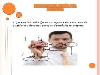 • Las áreas funcionales: Consiste en agrupar actividades y tareas de
acuerdo con las funciones principales desarrolladas en la empresa.
 
