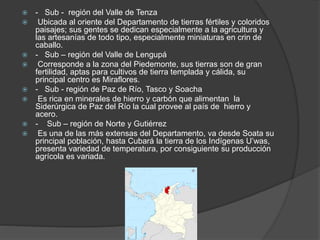  - Sub - región del Valle de Tenza
 Ubicada al oriente del Departamento de tierras fértiles y coloridos
paisajes; sus gentes se dedican especialmente a la agricultura y
las artesanías de todo tipo, especialmente miniaturas en crin de
caballo.
 - Sub – región del Valle de Lengupá
 Corresponde a la zona del Piedemonte, sus tierras son de gran
fertilidad, aptas para cultivos de tierra templada y cálida, su
principal centro es Miraflores.
 - Sub - región de Paz de Río, Tasco y Soacha
 Es rica en minerales de hierro y carbón que alimentan la
Siderúrgica de Paz del Río la cual provee al país de hierro y
acero.
 - Sub – región de Norte y Gutiérrez
 Es una de las más extensas del Departamento, va desde Soata su
principal población, hasta Cubará la tierra de los Indígenas U’was,
presenta variedad de temperatura, por consiguiente su producción
agrícola es variada.
 